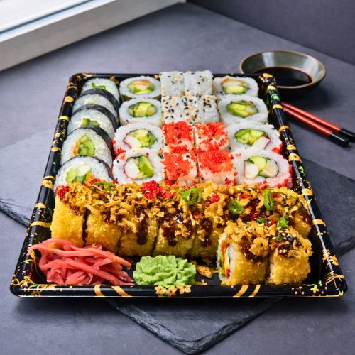 Premium 30-piece sushi platter with Scampi Tempura, California rolls, and Salmon Futomaki
